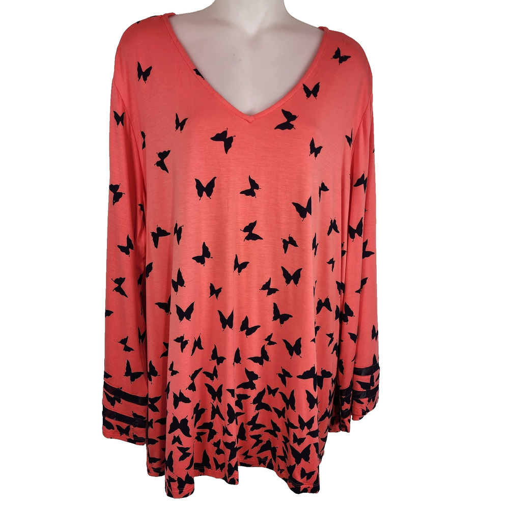 Belle by Kim Gravel Butterfly Print Top Illusion Sleeve Raspberry XL A375873